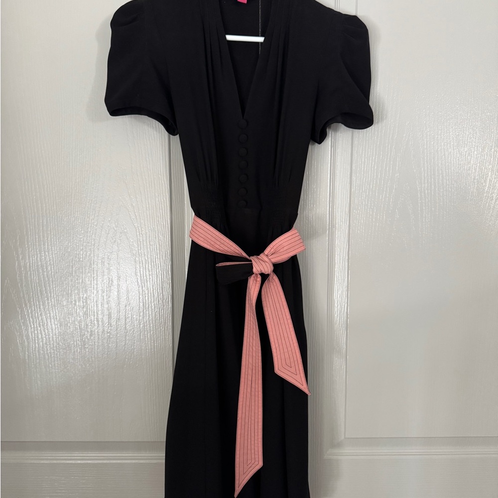 Betsey Johnson Black Forties Frock Dress with Pink Sash
